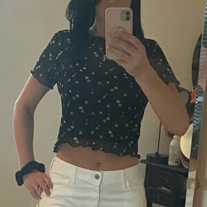 Hollister cropped baby tee with black and white floral lace overlay